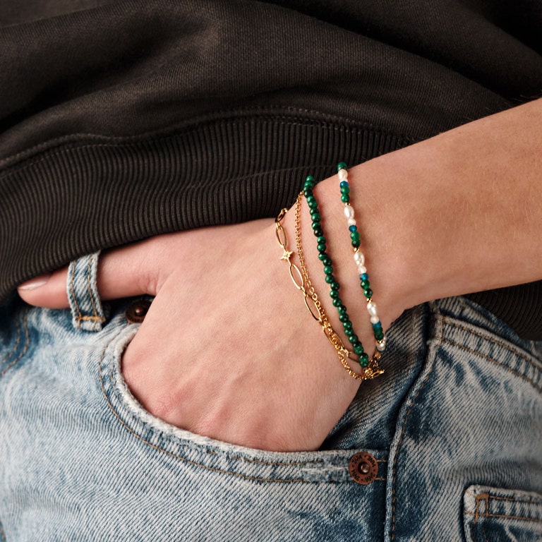 green bracelet stack with green malachite bracelet and pearl beaded bracelet in gold vermeil