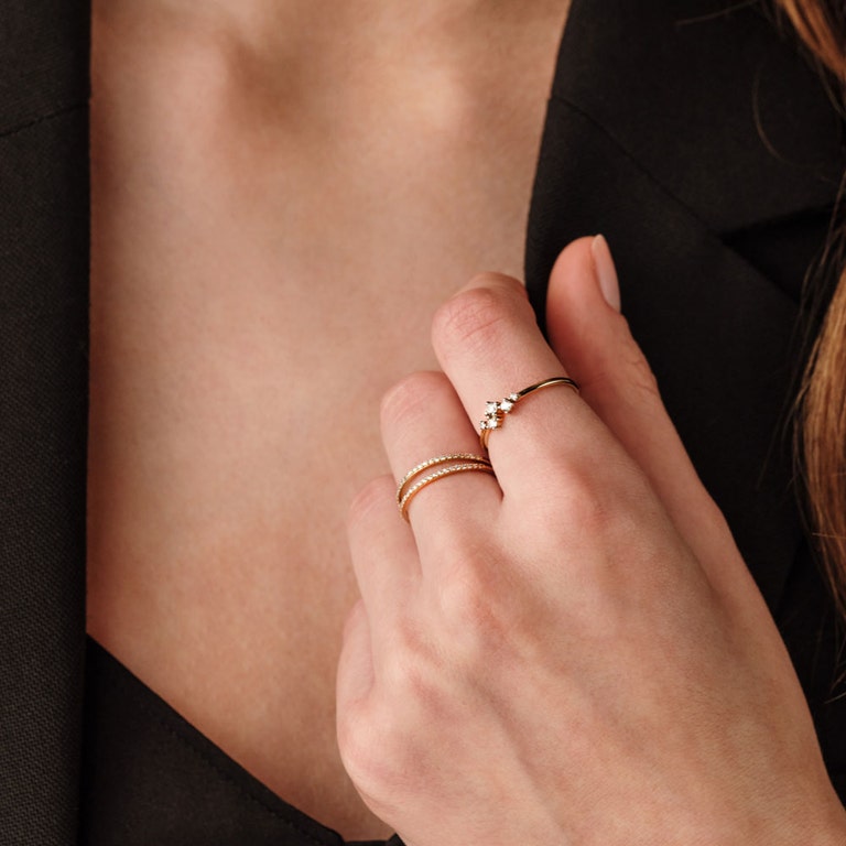 14ct solid gold ring with double diamond detail
