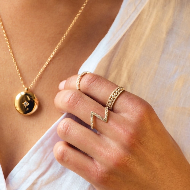solid gold diamond rings with gold locket necklace