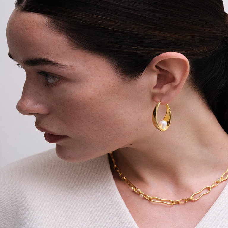 Gold Floe Pearl Hoop Earrings
