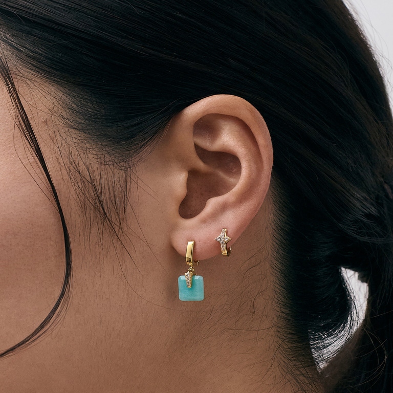 Gold Deco Amazonite Drop Huggies