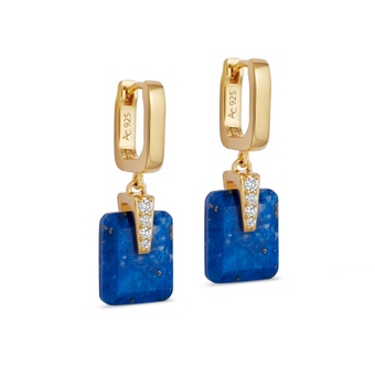 Gold Deco Lapis Drop Huggies