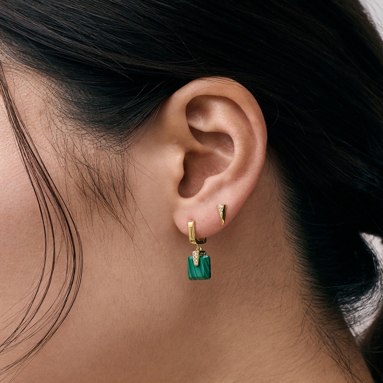 Gold Deco Malachite Drop Huggies
