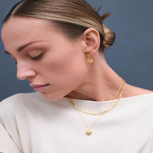 Gold Biography Double Heart Drop Earrings