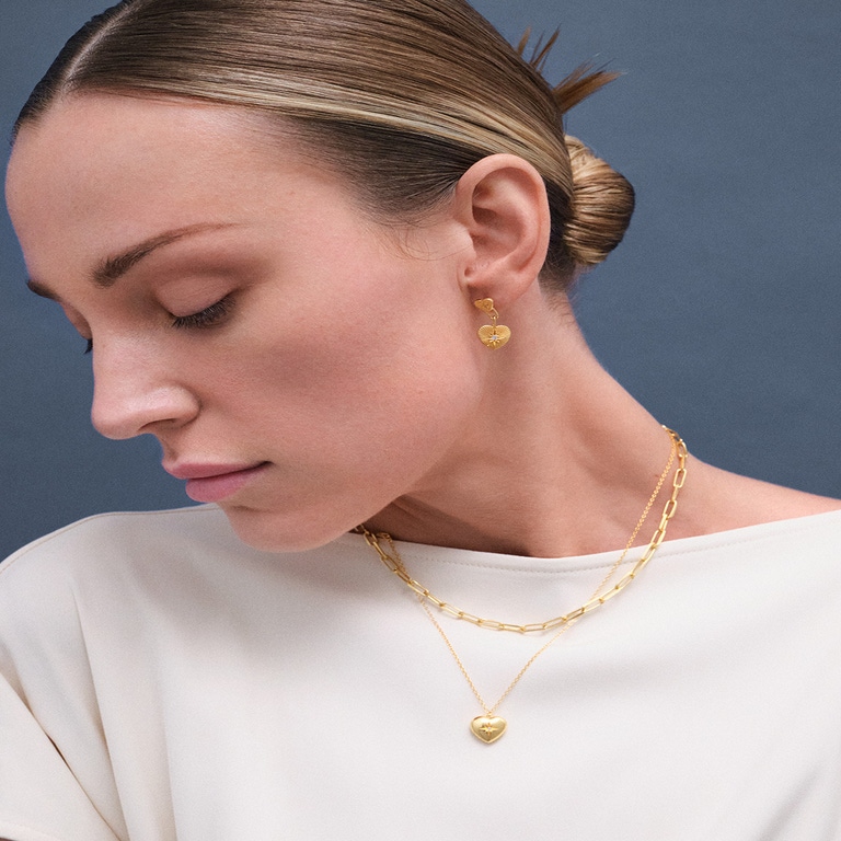 Gold Biography Double Heart Drop Earrings