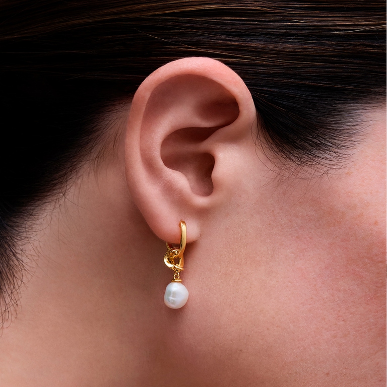 Gold Floe Pearl Drop Huggie Earrings