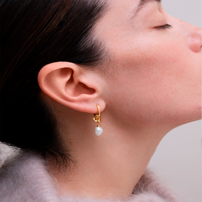 Gold Floe Pearl Drop Huggie Earrings