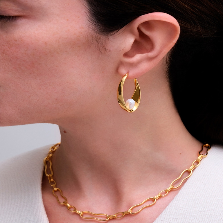 Gold Floe Pearl Hoop Earrings
