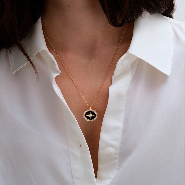 Large Polaris Black Onyx Locket necklace and engraved photo locket