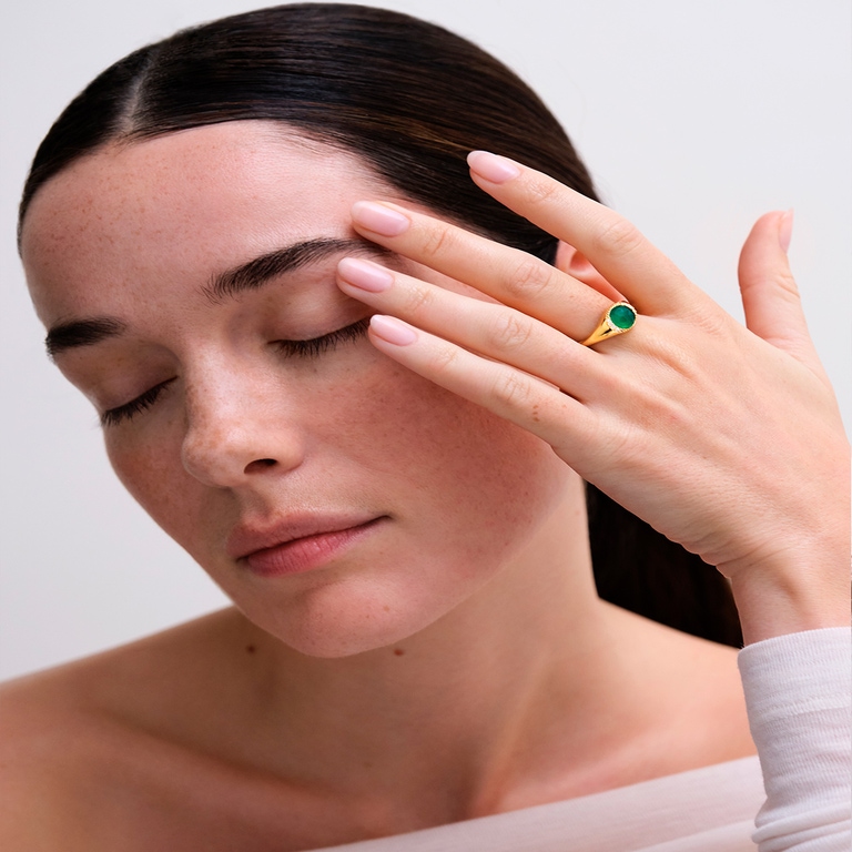 Gold Luna Green Chalcedony Signet Ring