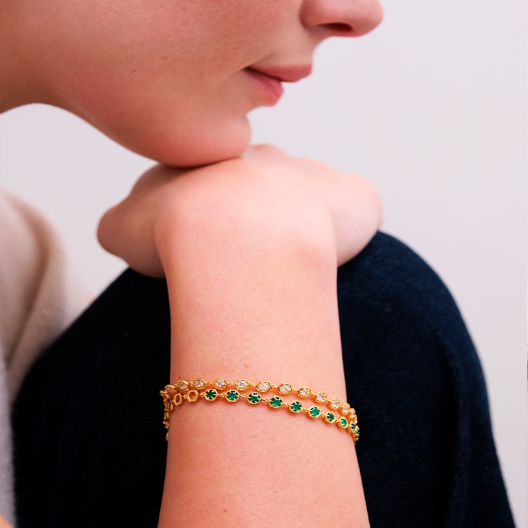 Gold Green Agate Deco Tennis Bracelet