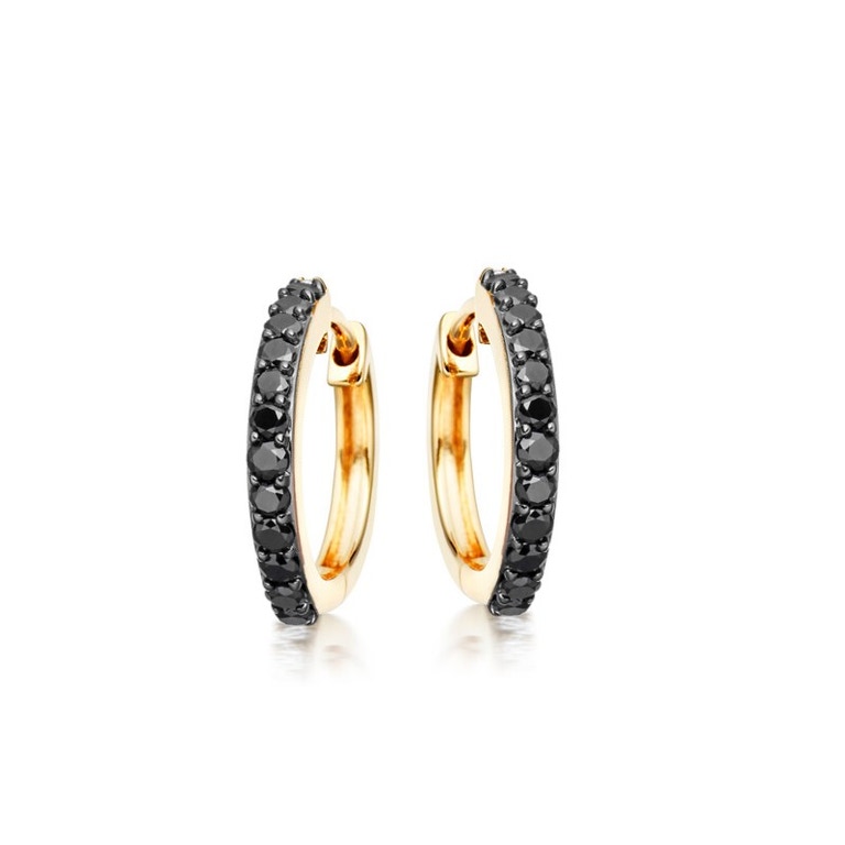 Medium Black Diamond Halo Hoop Earrings In Yellow Gold