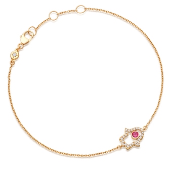 Solid Gold Ruby Hamsa Hand Lab Grown Diamond Bracelet