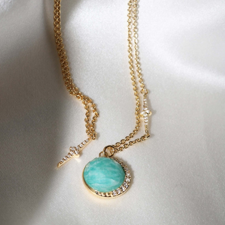 Gold Large Luna Amazonite Pendant Necklace