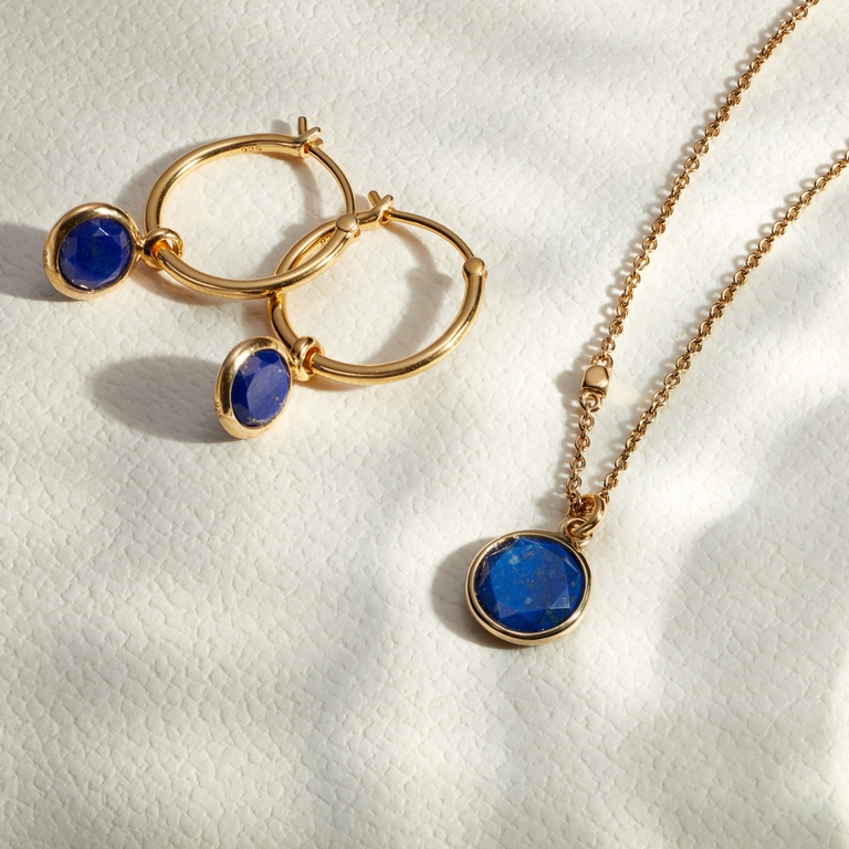 lapis drop hoop earrings and gold lapis pendant necklace