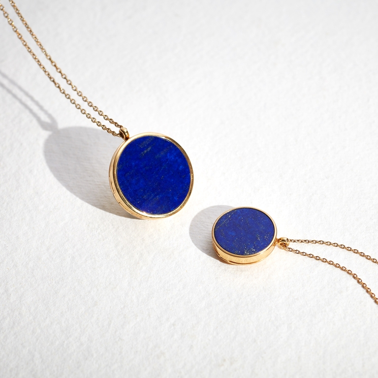 large gold lapis locket necklace and small gold lapis locket necklace
