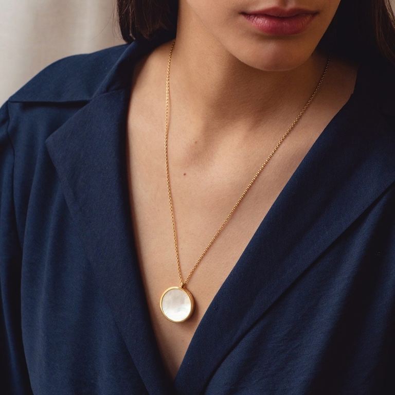 Large Mother of Pearl Slice Stilla Locket Necklace in Yellow Gold Vermeil