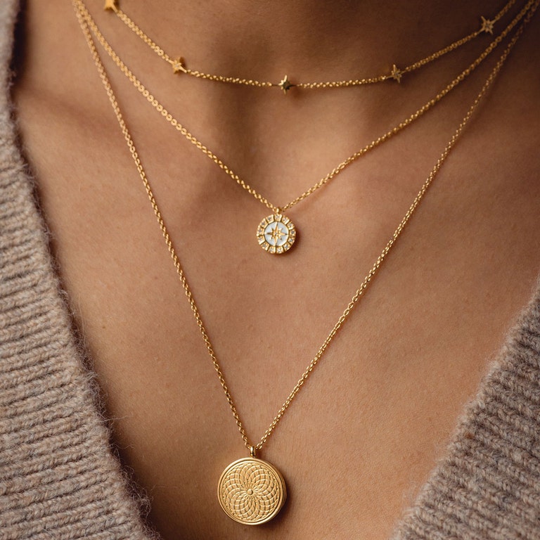 Gold Celestial White Enamel Astra Pendant Necklace