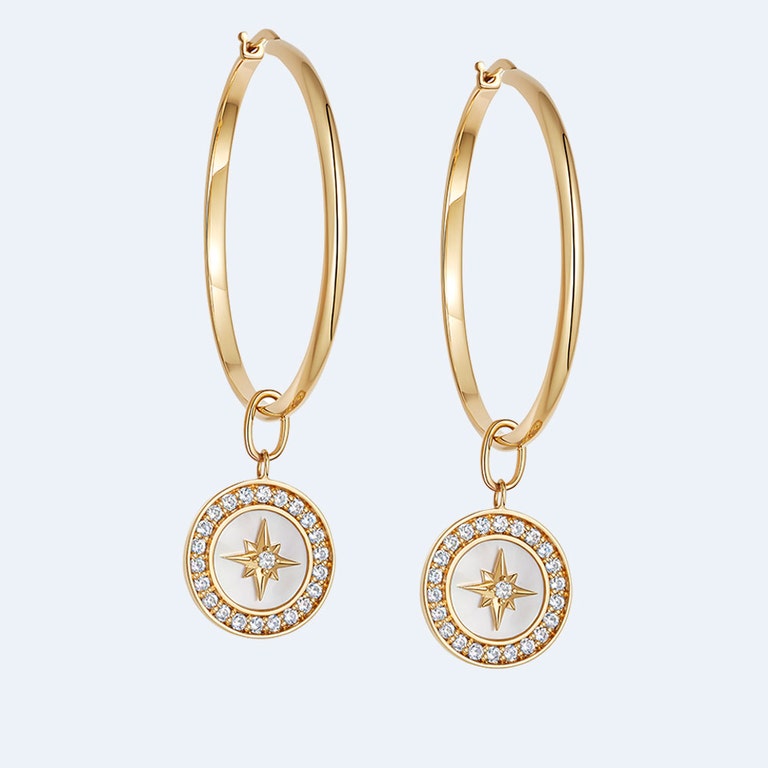North Star Polaris Large Compass Drop Hoops - Mother of Pearl | Yellow Gold | Astley Clarke London