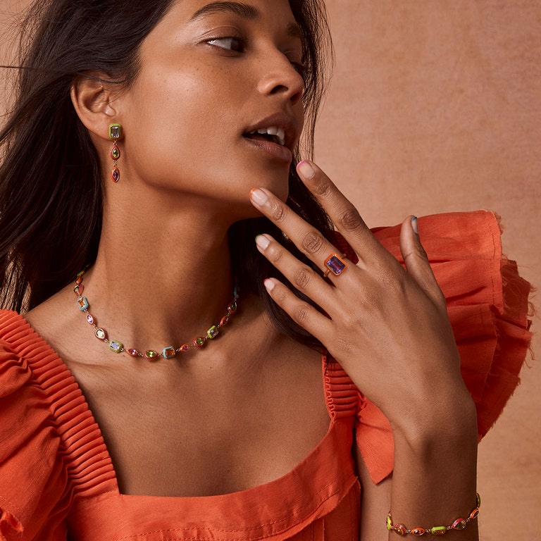 chunky gold jewellery with enamel drop earrings, chunky gemstone ring and chunky gemstone bracelet