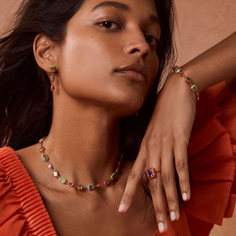 neon jewellery with chunky gemstone ring and drop earrings in yellow gold vermeil