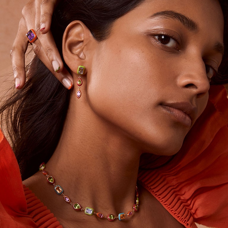 gold drop stud earrings with neon enamel, gemstone choker necklace and amethyst cocktail ring