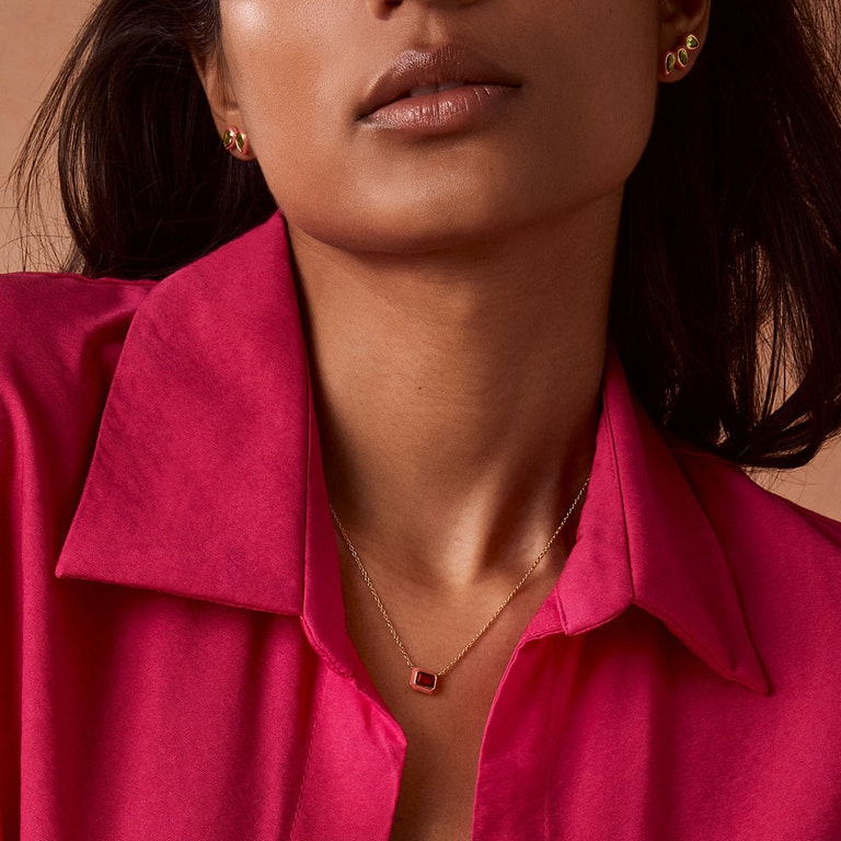 pink enamel pendant necklace with garnet gemstone in yellow gold vermeil