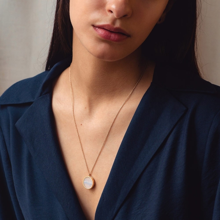 Rose gold locket necklace with lace agate gemstone