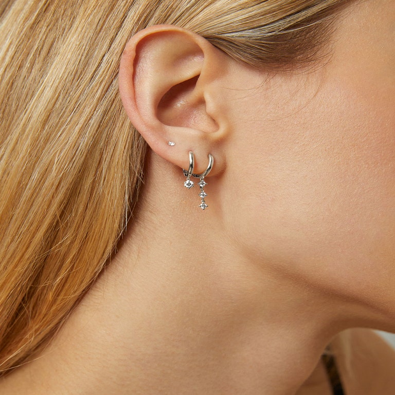 Solid White Gold Diamond Drop Hoop Earrings