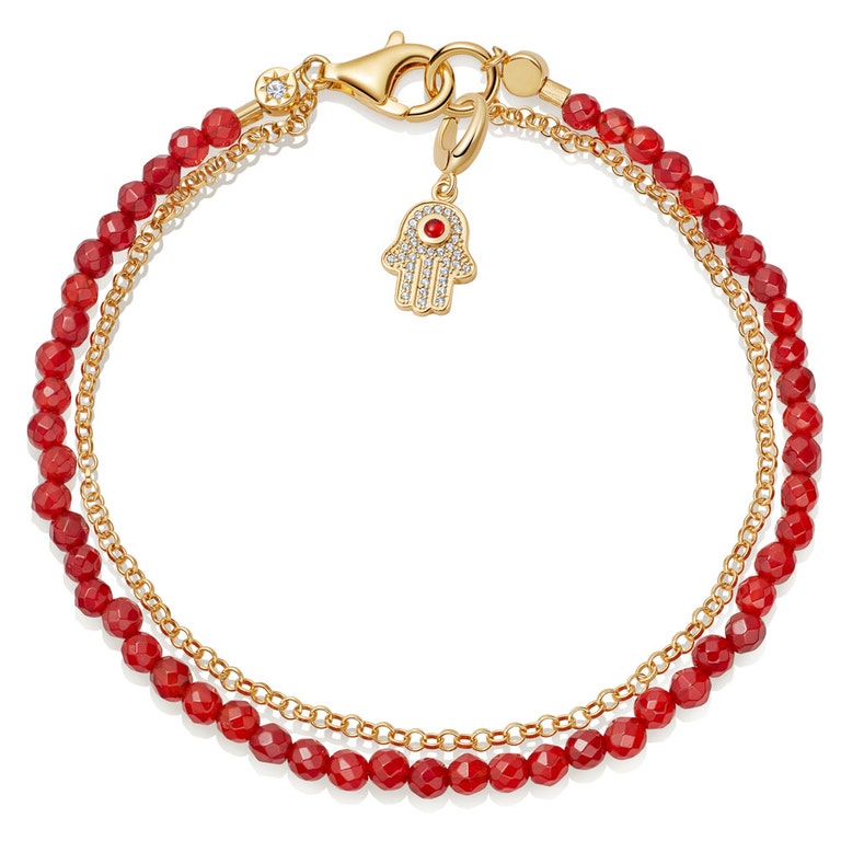 Red Agate Hamsa Hand Charm Bracelet in yellow gold vermeil