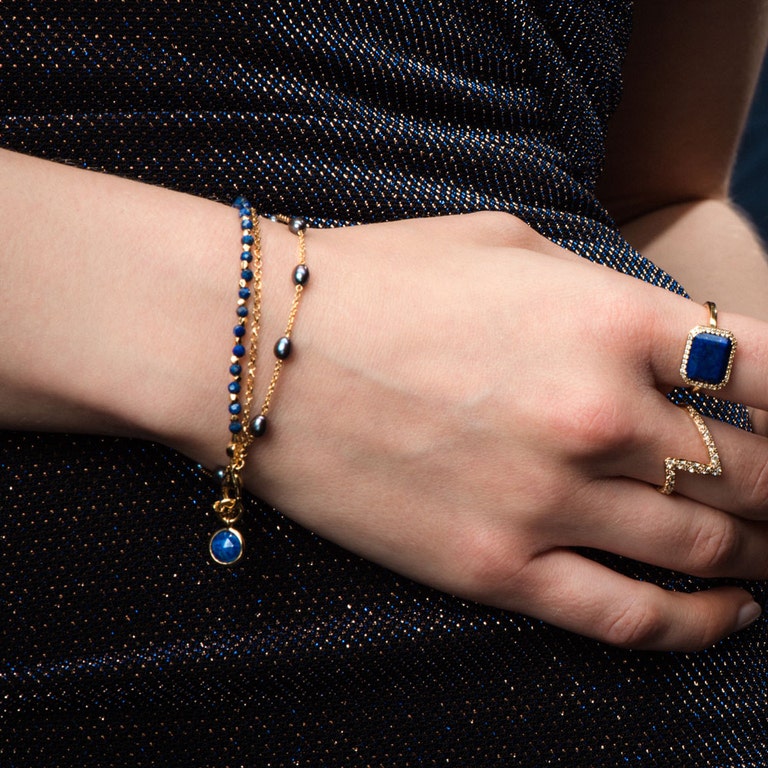 Peacock Pearl and Lapis Biography Bracelet Stack in Yellow Gold Vermeil | Astley Clarke