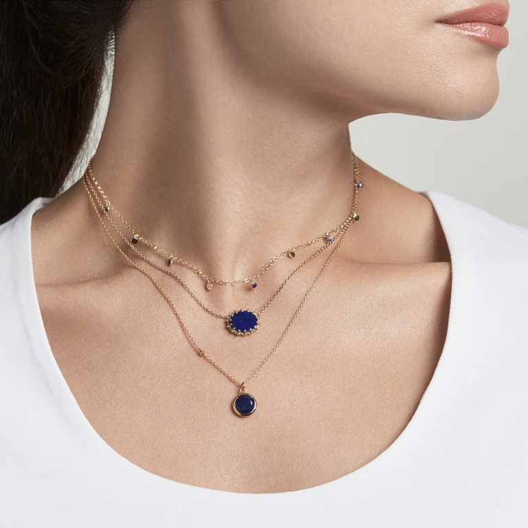 Lapis Floris Pendant Necklace layered with chains and blue gemstone