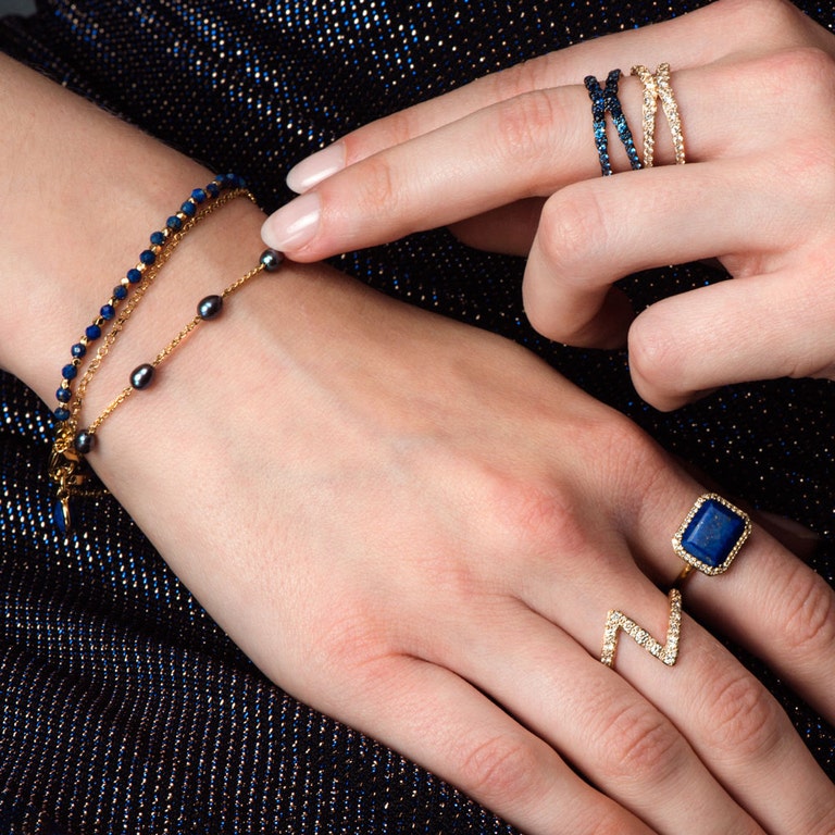 Peacock Pearl and Lapis Biography Bracelet Stack in Yellow Gold Vermeil | Astley Clarke