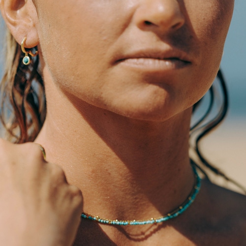 Gold Deco Faceted Turquoise Drop Hoop Earrings