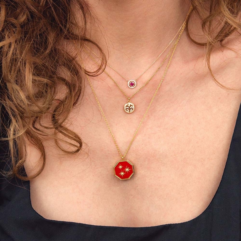 Celestial Red Enamel Constellation Locket Necklace in Yellow Gold Vermeil