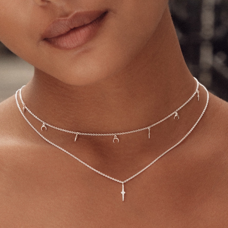 Silver Luna Crescent Station Necklace 
