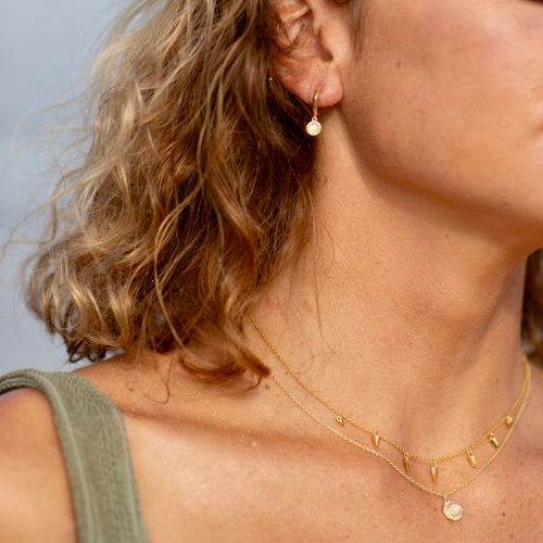 Gold Deco Faceted Moonstone Drop Hoop Earrings
