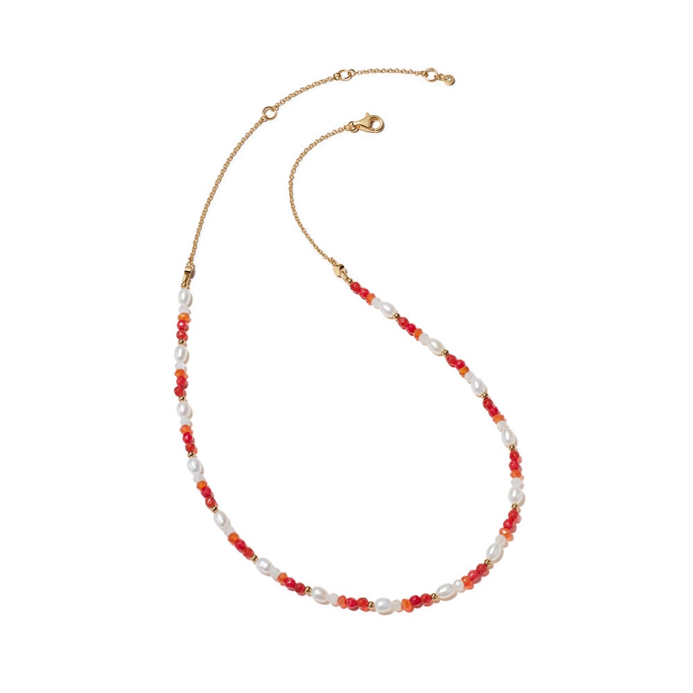 gold pearl choker necklace with carnelian, red agate and moonstone gemstones