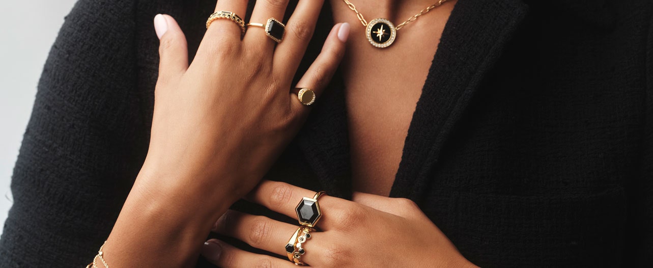 black gemstone and gold vermeil ring stack