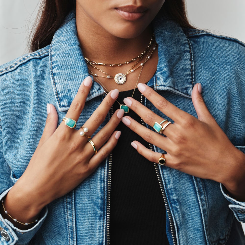 Amazonite gemstone jewellery stack with yellow gold vermeil ring stack