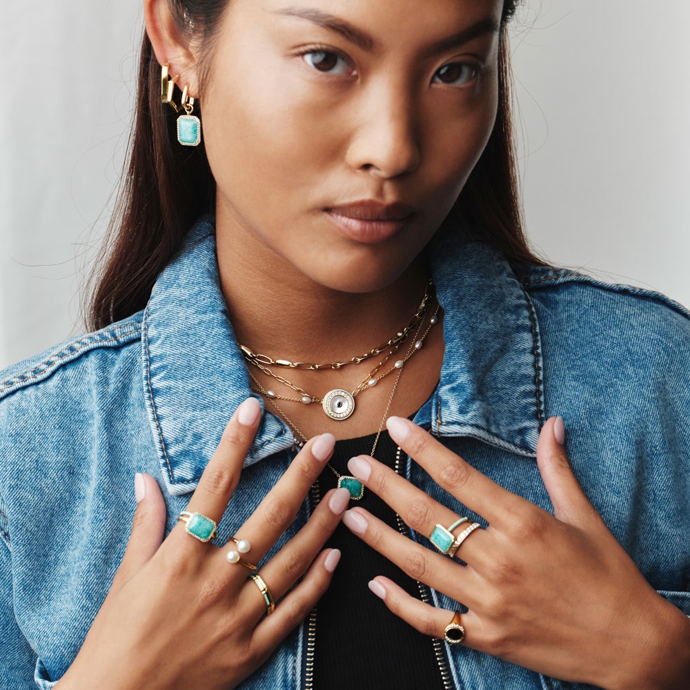 Amazonite jewellery look with stacking necklaces and rings