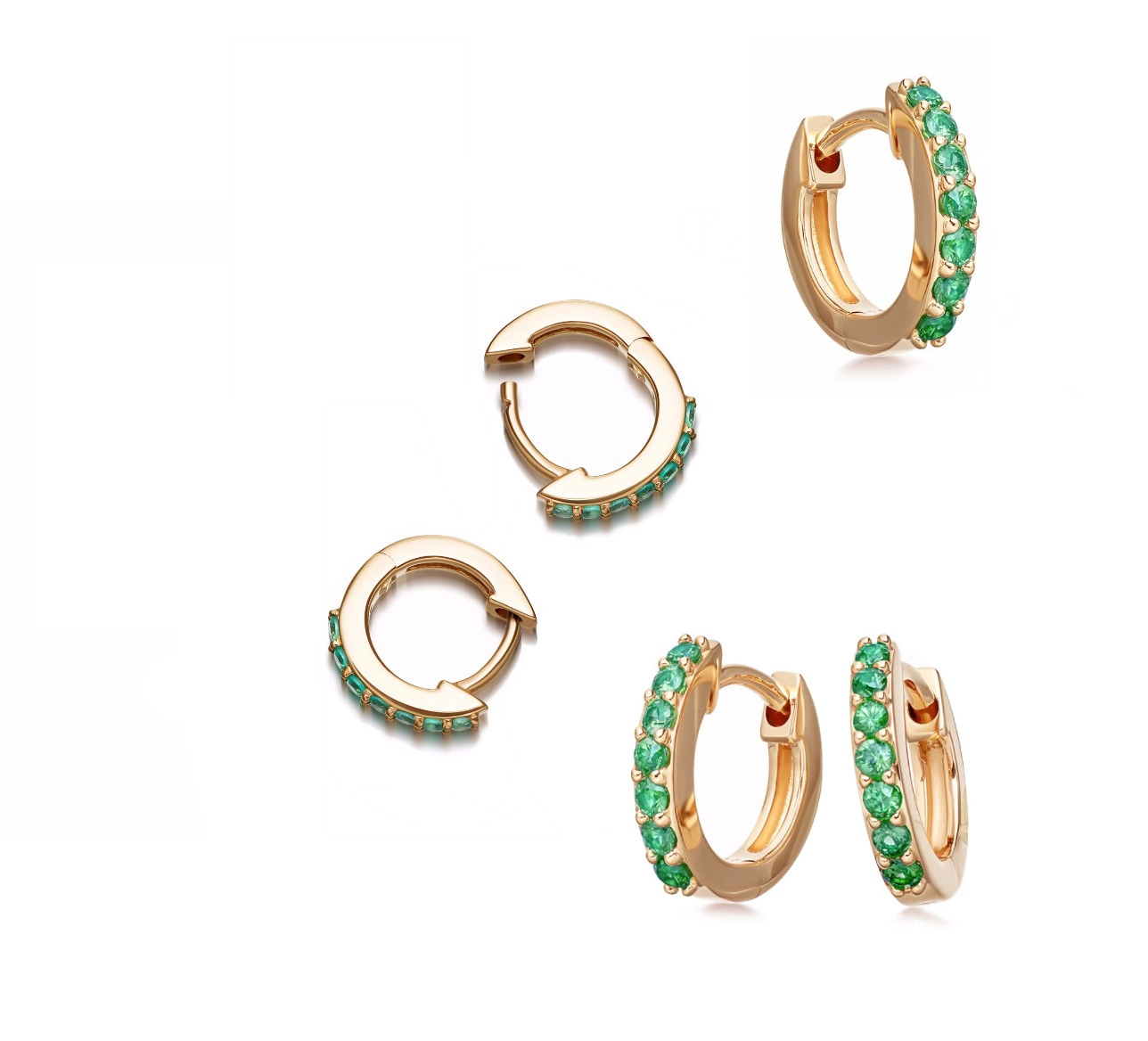 HUGGIE HALO EMERALD HOOP EARRINGS IN YELLOW GOLD